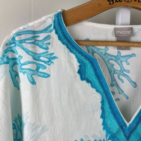 Chico's Coral Shades Beach Coverup Poncho Top Womens Size S/M Teal‎ White - Picture 3 of 6
